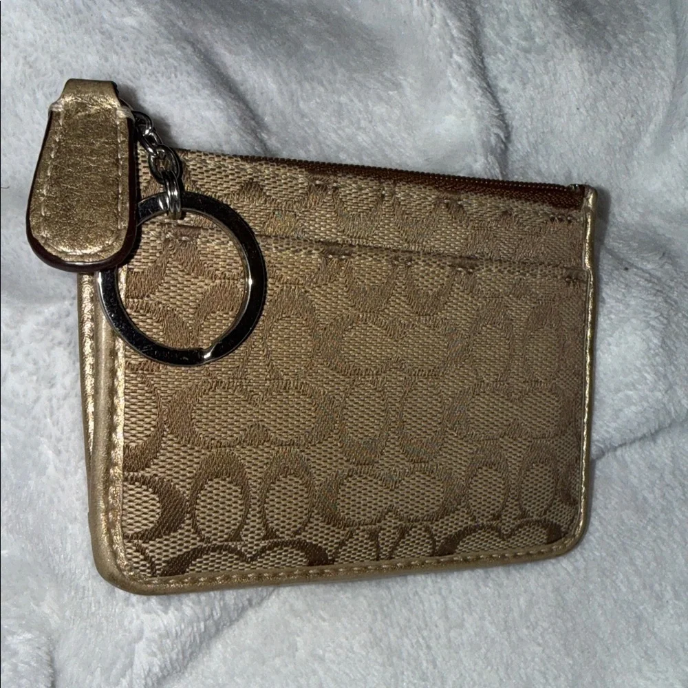 Coach Gold Metallic Trim Signature Keychain Card Case